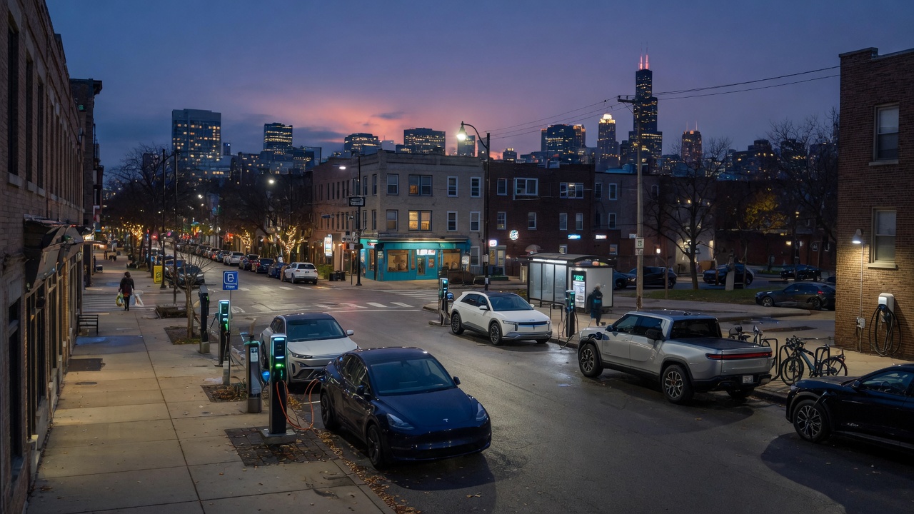 Electric vehicles charging along a Chicago street at dusk