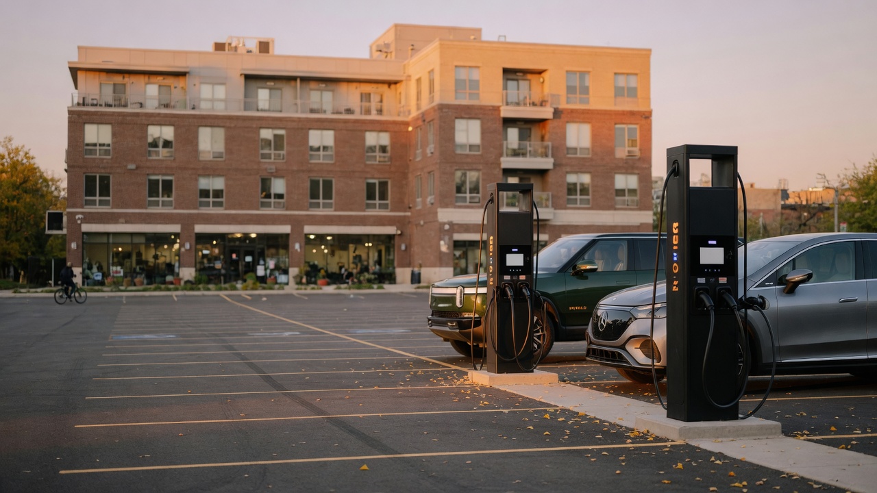 Electric vehicles charging at commercial parking lot stations