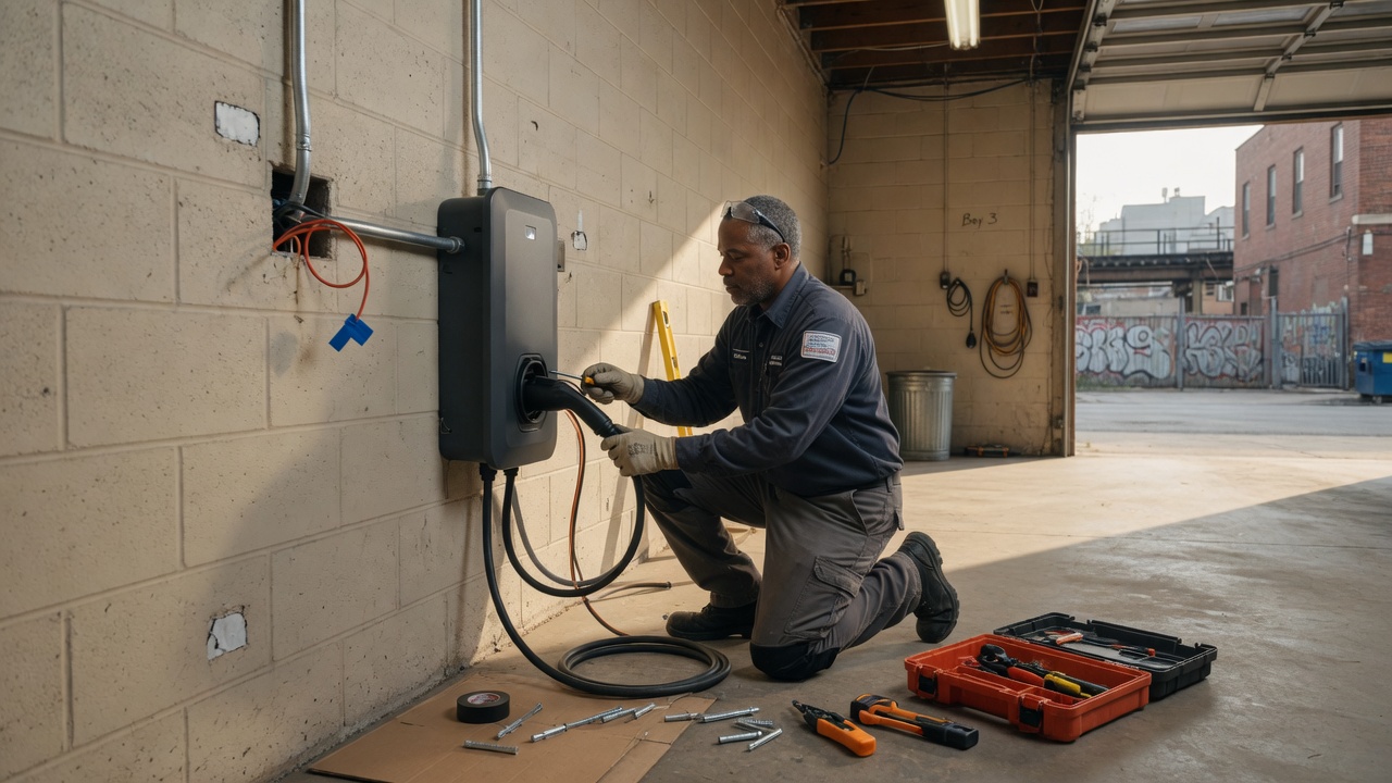 Electrician installing a wall-mounted EV charger in a garage