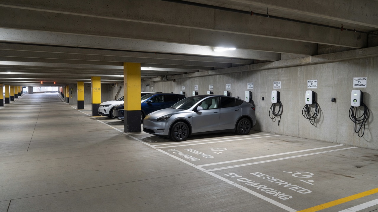 Shared EV charging stalls in a multifamily parking garage
