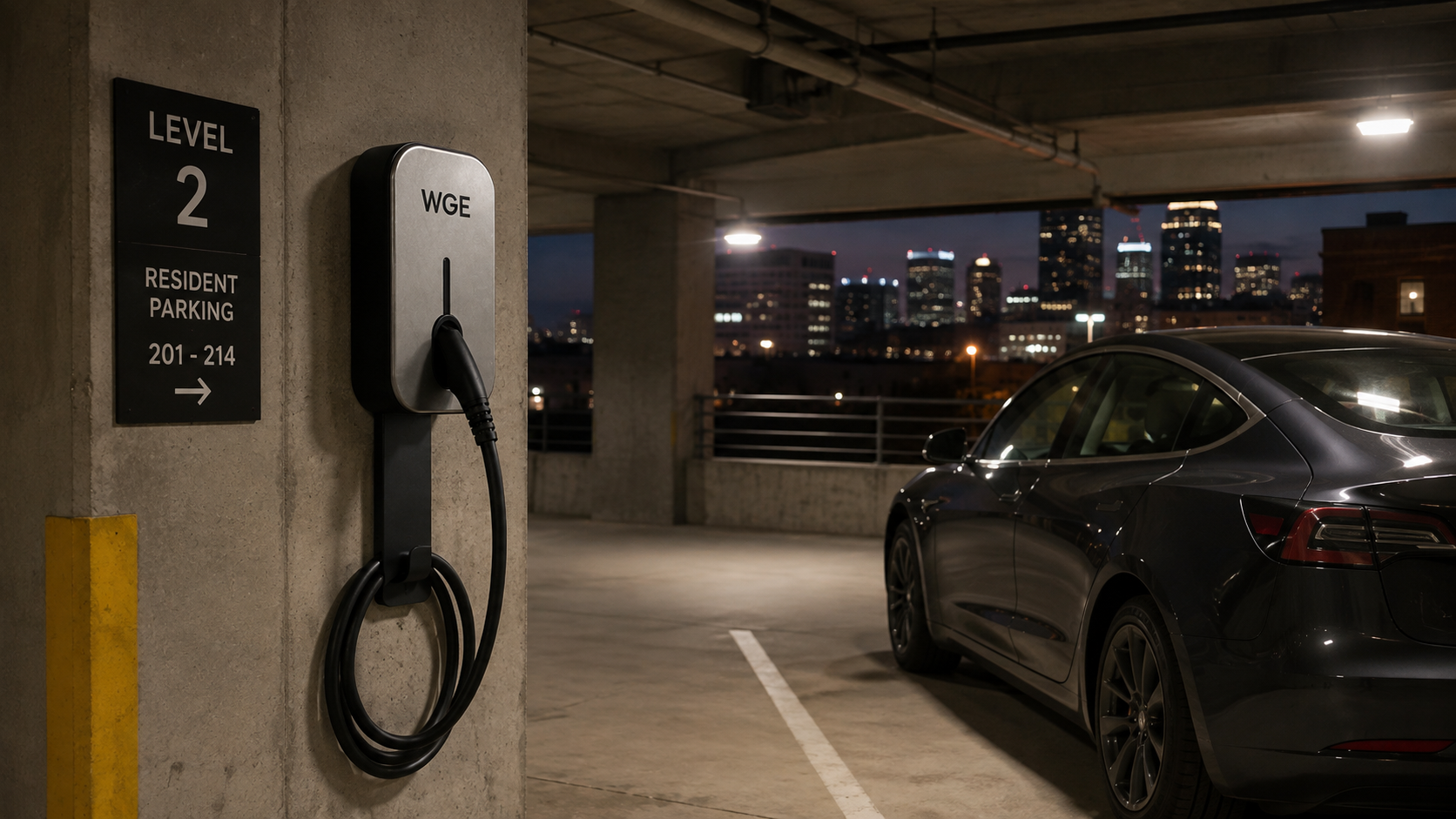WGE charging equipment beside resident parking in a multifamily garage
