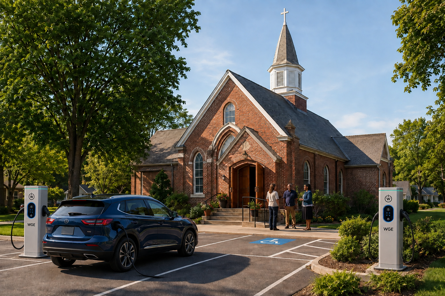 Illustration of a brick church with WGE charging towers and people gathering near its entrance