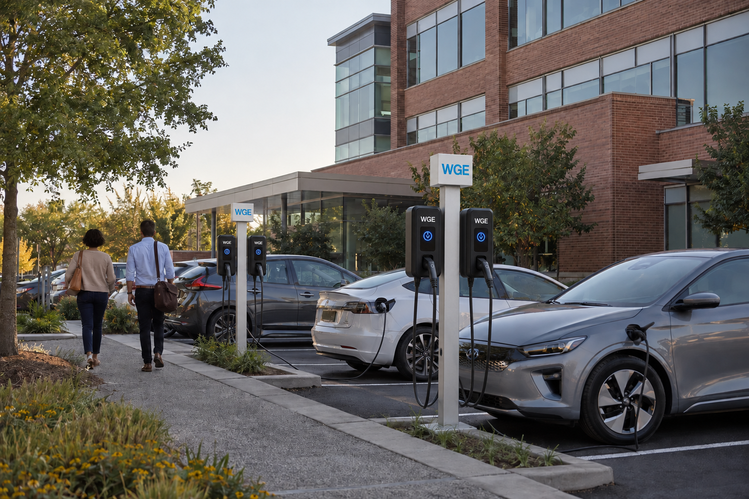 Illustration of electric vehicles and WGE dual-port charging stations at a contemporary commercial property