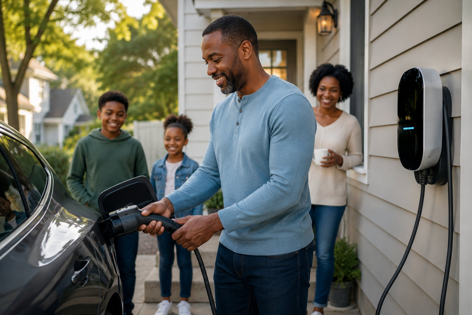 Family charging an electric vehicle at home